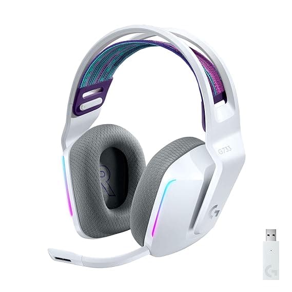 Logitech G733 Lightspeed Bluetooth Wireless On Ear Headphones with Mic Gaming with Suspension Headband, Lightsync RGB, Blue Vo!Ce Mic Technology and Pro-G Audio Drivers-White